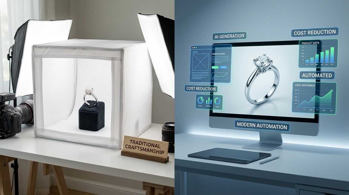 A comparison of traditional jewelry lightbox photography and AI generated contextual backgrounds