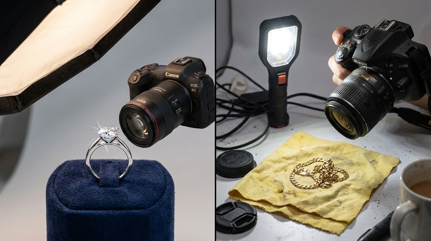 Jewelry photography ecommerce setup showing lighting angles and material detail