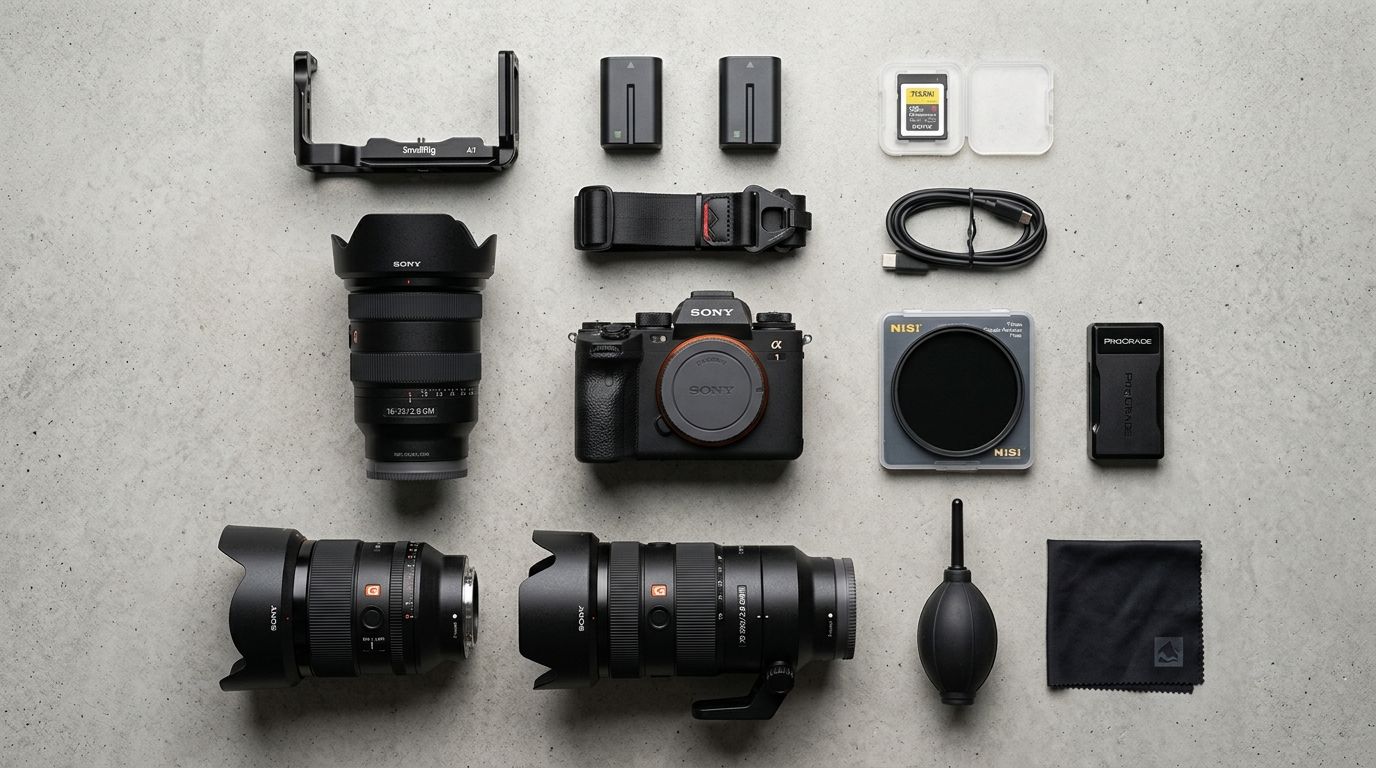 An overhead flat lay arrangement of a product kit showing perfectly parallel alignment