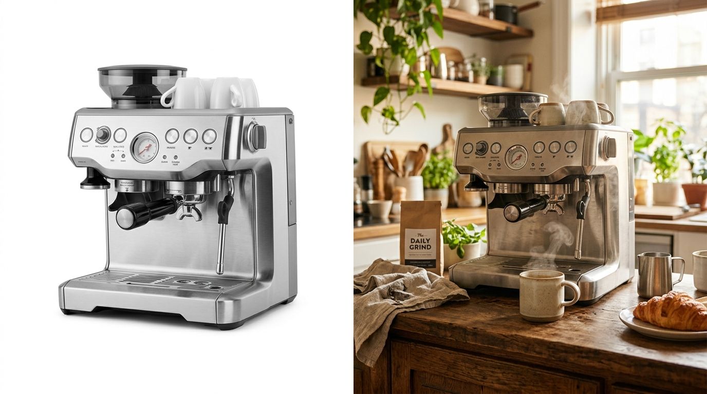 Side by side comparison of a product on a white background versus placed in a highly realistic lifestyle scene generated by AI.