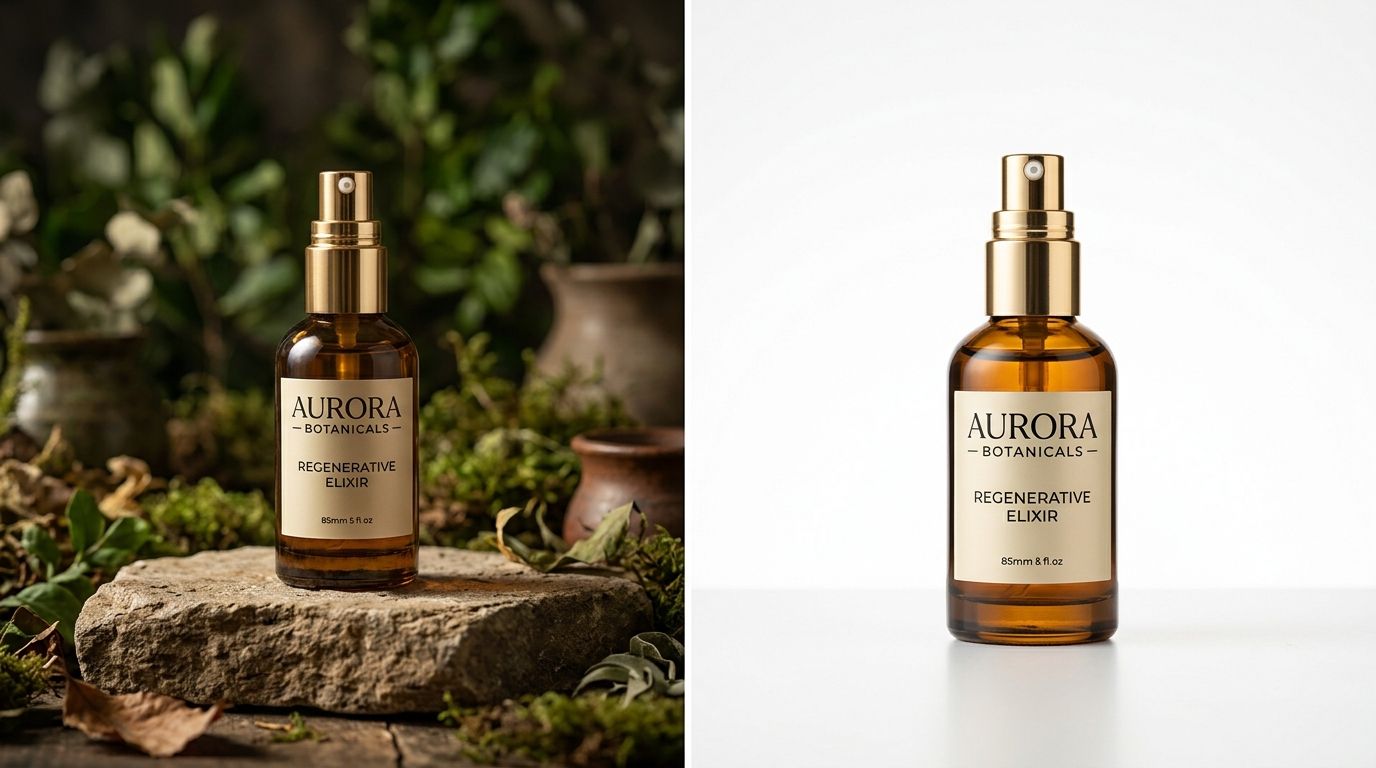 Side by side comparison of a product on a white background versus styled in a lifestyle setting