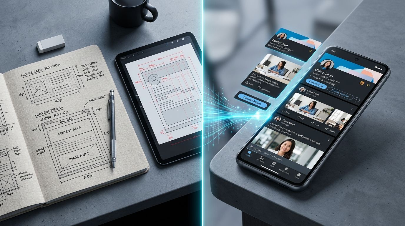 A professional 16:9 layout showing exact LinkedIn post dimensions next to an optimized product photo