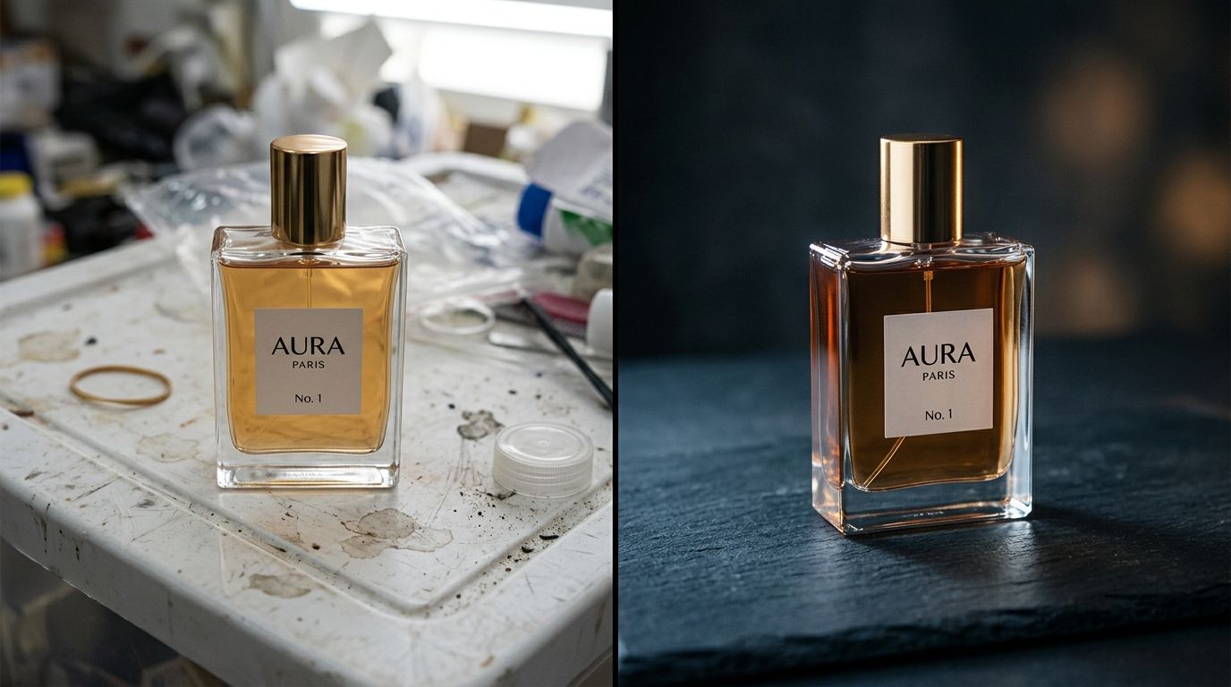 Side-by-side comparison of a standard product photo versus a premium, expensive-looking setup with dramatic lighting and negative space.