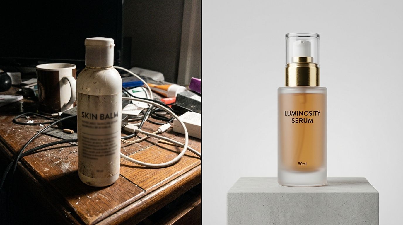 A stark contrast between a vibrant Meta ad and a plain white background product page