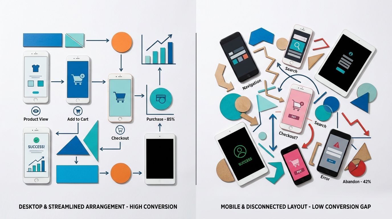 Side by side comparison of mobile versus desktop product page layouts highlighting conversion drop off points