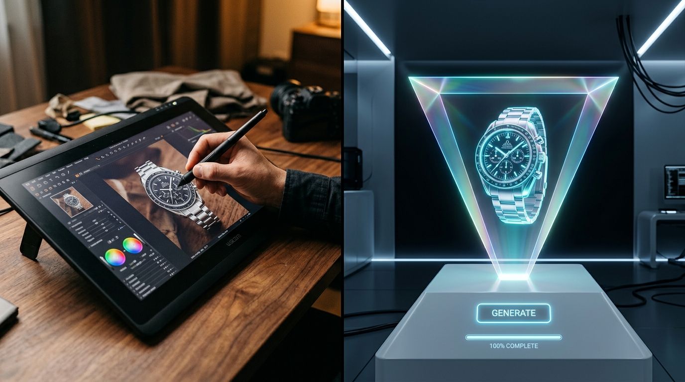 Comparison of manual product photo editing outsourcing versus instant AI background generation