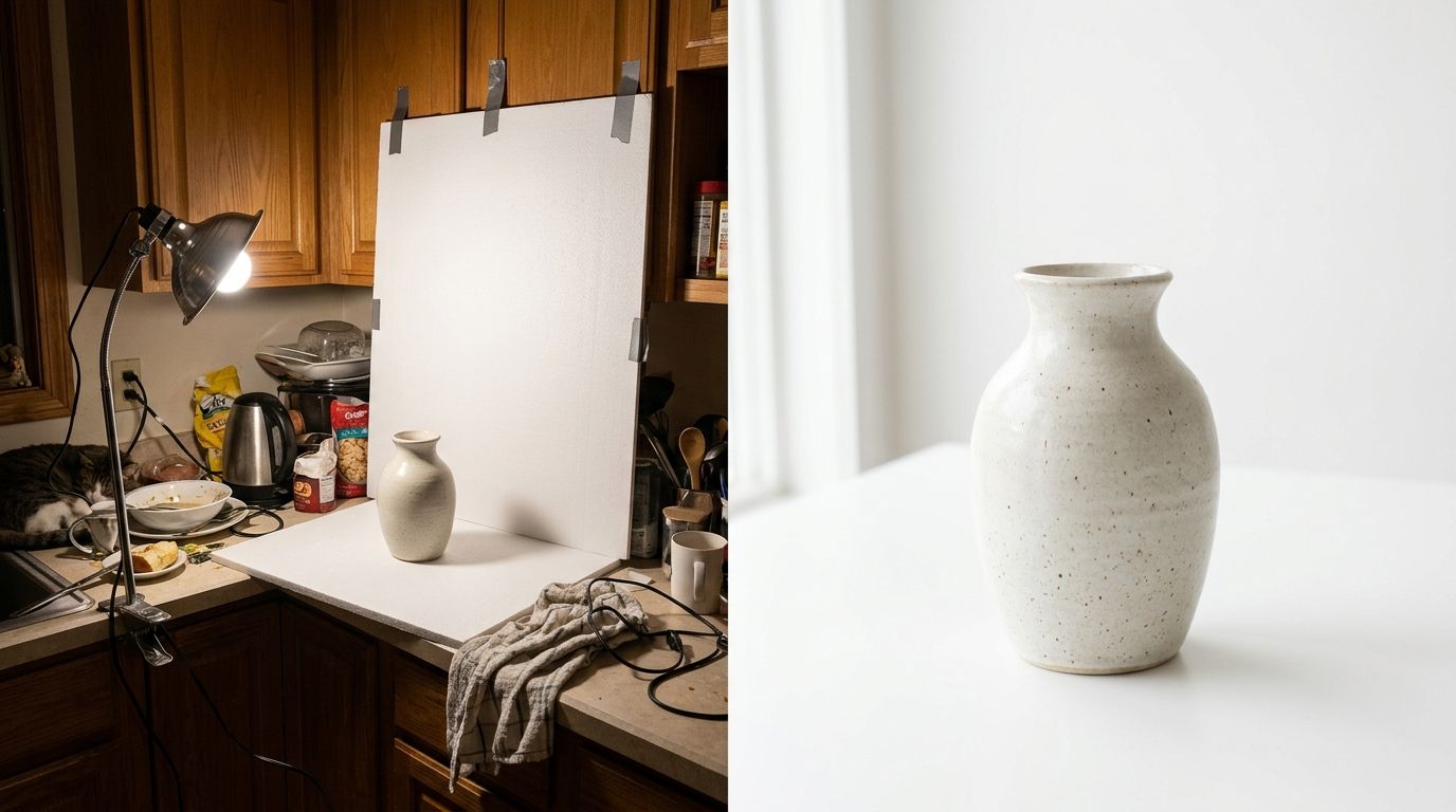 Clean setup for home product photography on a white background