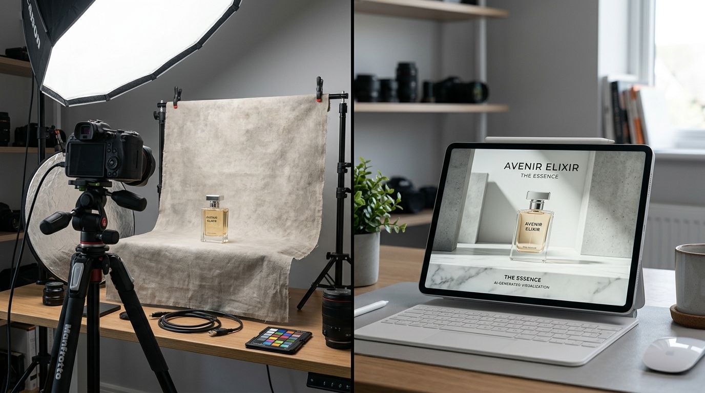 Various photography backdrops for product photography set up in a modern studio space