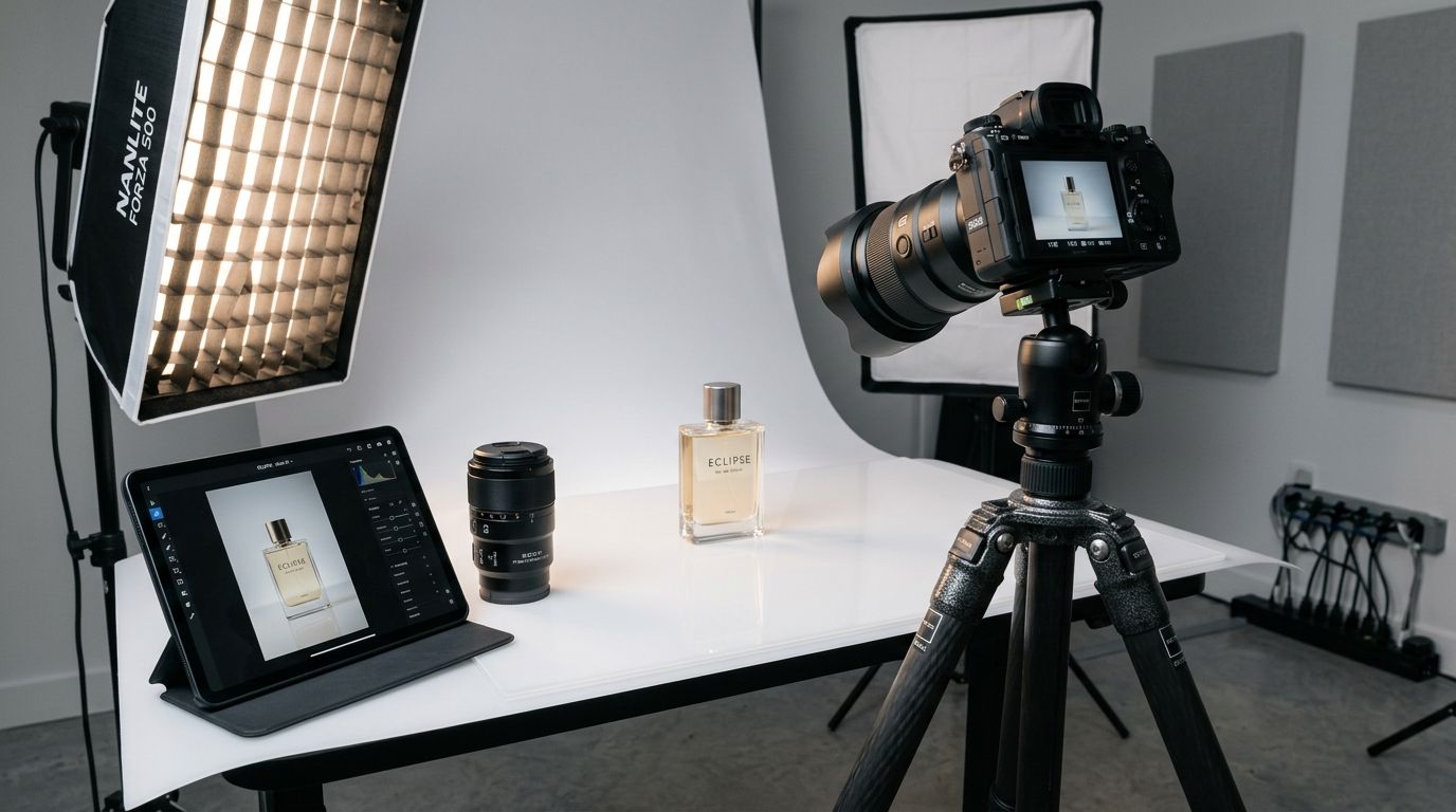 Professional photography equipment set up in a studio for a product shoot