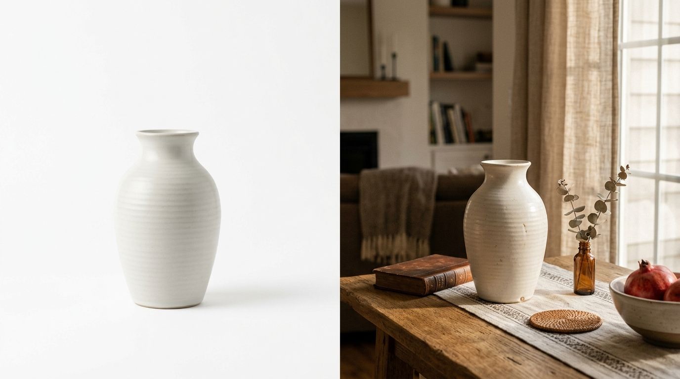 A split screen showing a basic cutout versus a fully integrated AI lifestyle product image with realistic shadows and reflections.