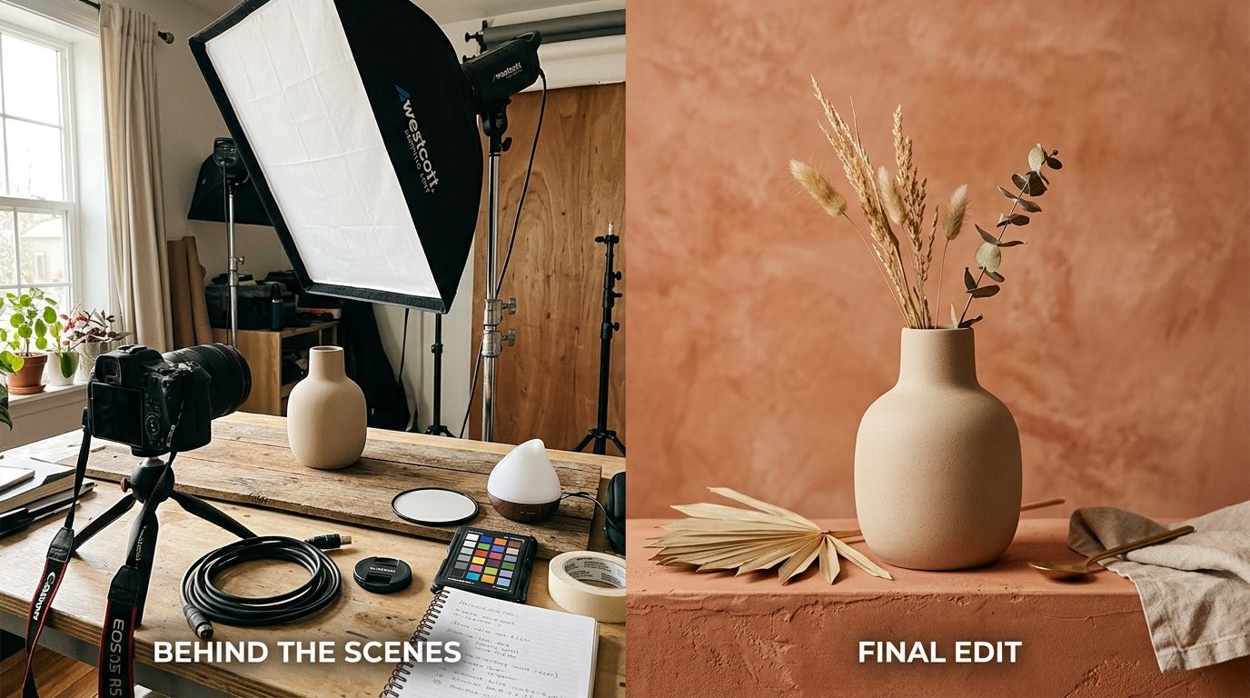 A well-styled lifestyle product photo showing a vase in a living room context, formatted perfectly for Pinterest