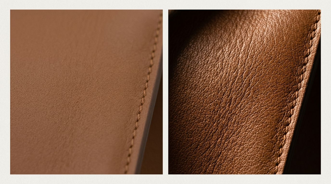A close-up product detail shot showing the premium stitching and texture of a leather bag