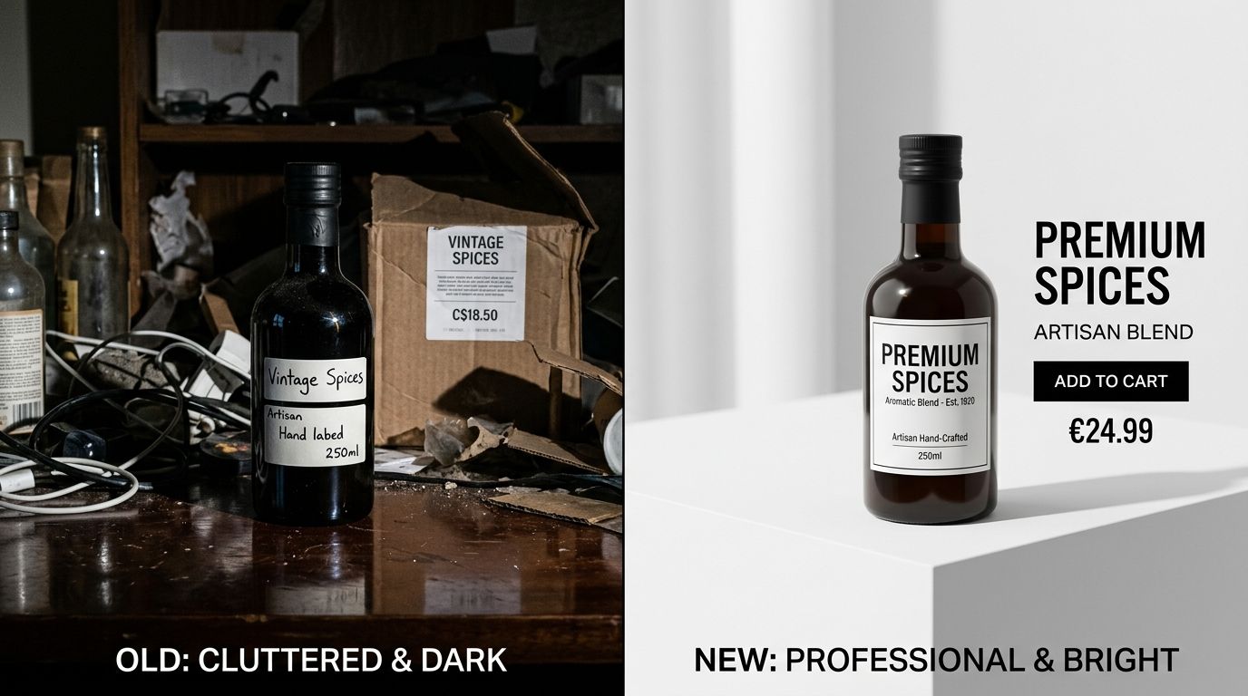 Visual layout of an optimized ecommerce product page next to a mobile phone displaying a social media ad