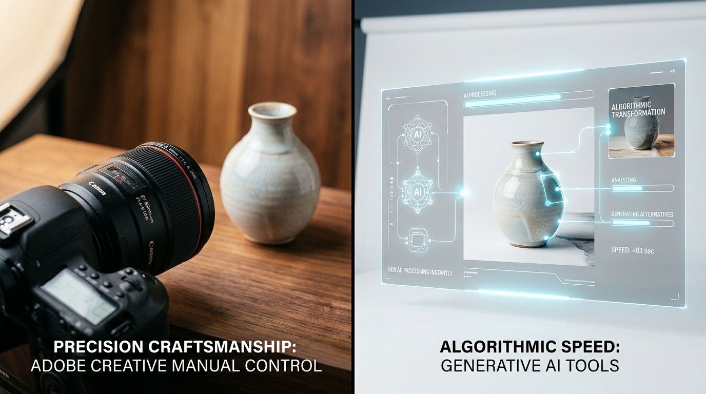 Comparing interfaces of product photo editing software including Photoshop, Lightroom, Canva, and AI generation tools