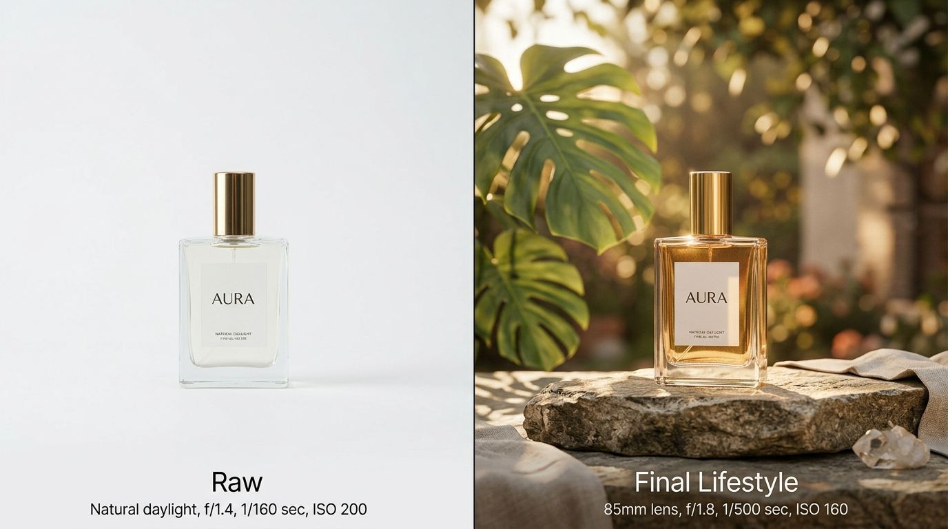 A split screen showing a raw smartphone photo of a cosmetic bottle next to a polished, AI-generated lifestyle scene featuring the same bottle.