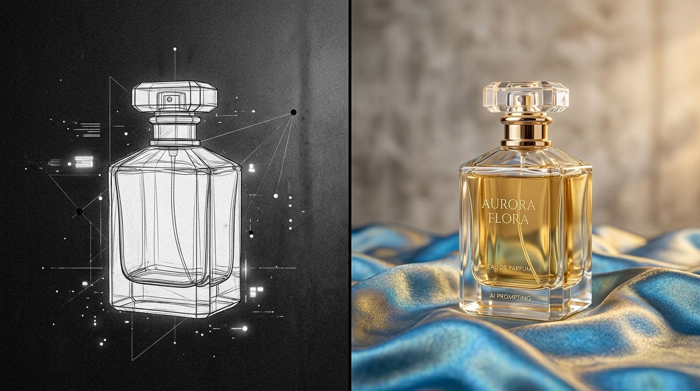 AI product photography generated from a structured prompt showing precise lighting and surface details