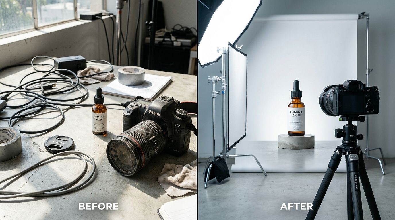 A clean, simple product photography setup showing a beginner capturing an image of a cosmetic bottle with a smartphone.
