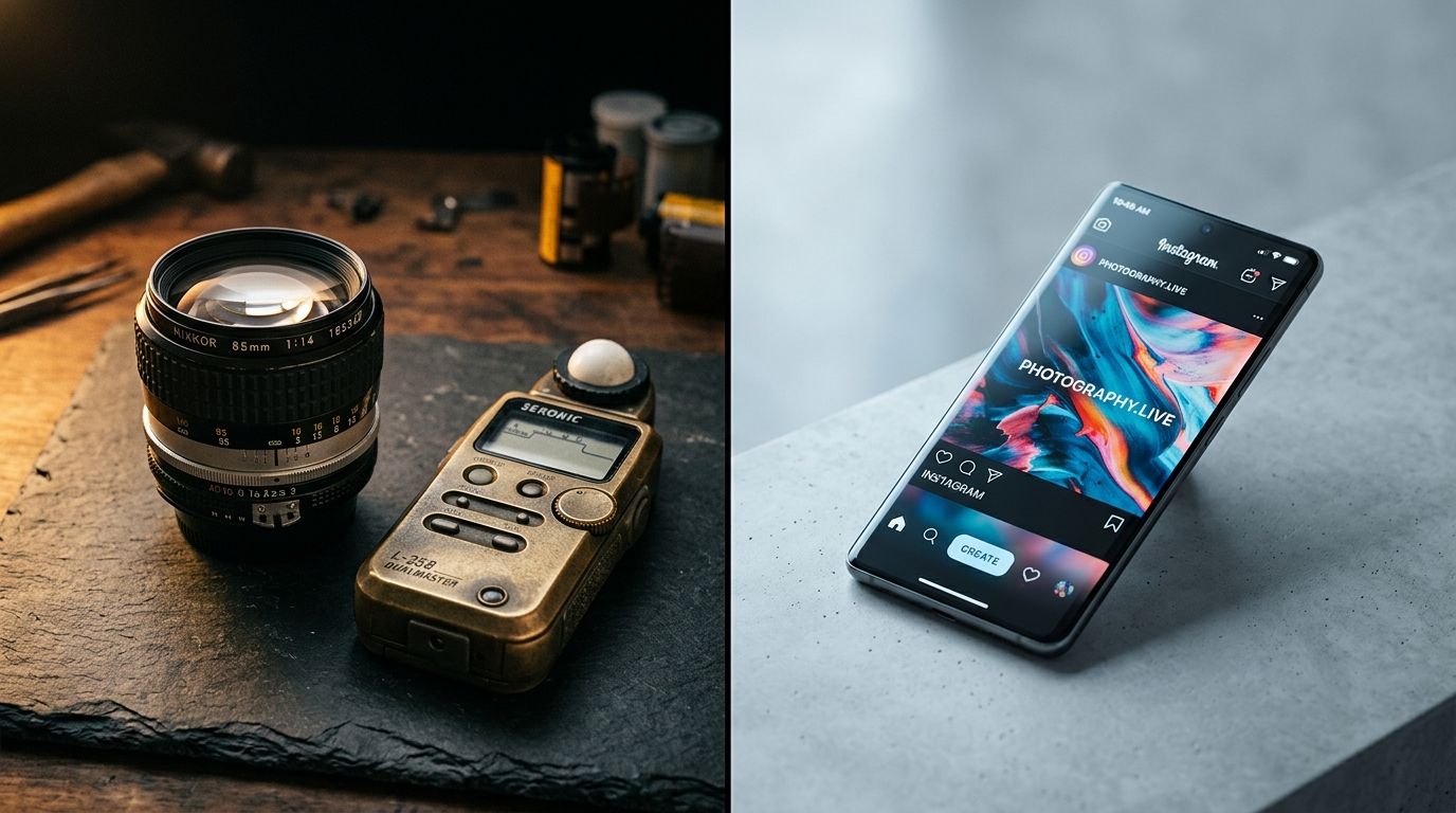 Comparison of heavy traditional product photography equipment and a minimal AI-driven setup