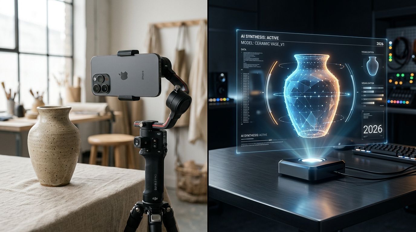 A smartphone positioned on a tripod capturing a product photo against a neutral background