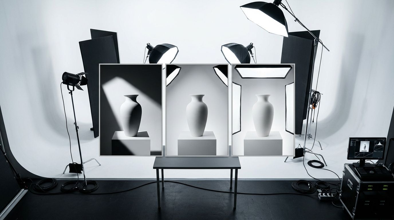 Various product photography lighting setups featuring softboxes and continuous LED lights
