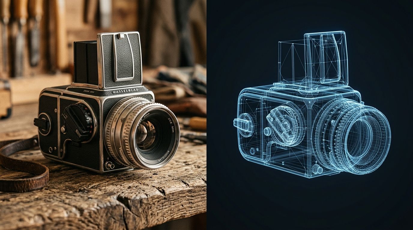 Comparison of a professional photography studio space and AI generated product imagery