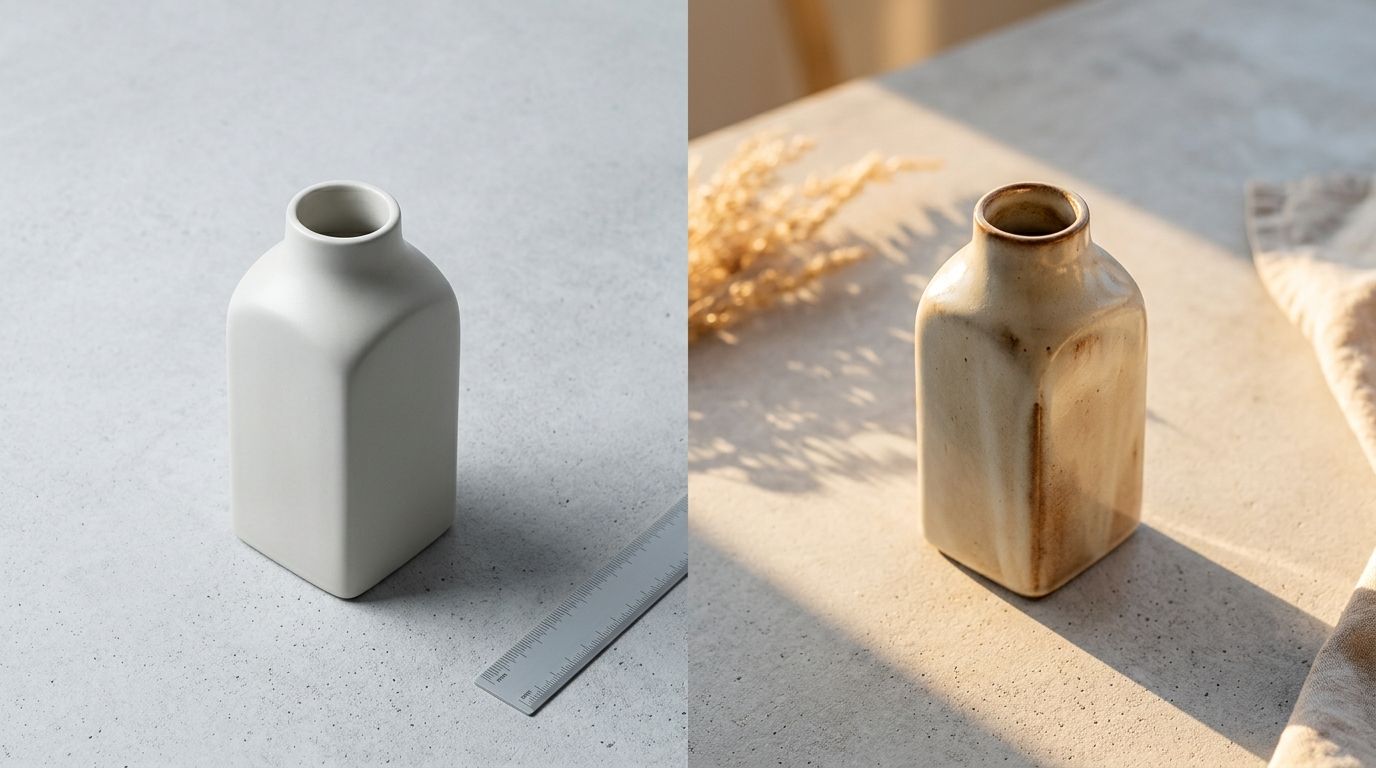 Product photography setup showing a professional camera angled at a stylized product display