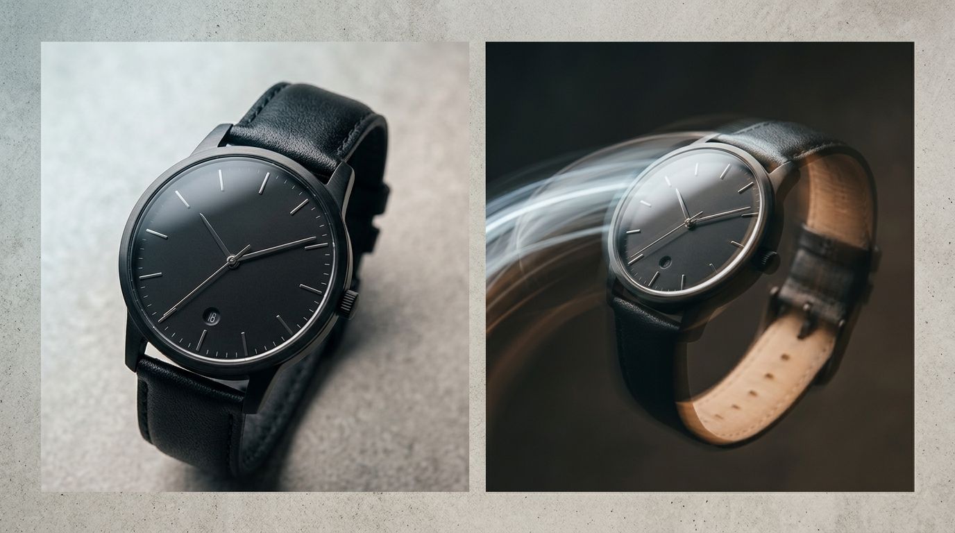 Split screen showing a static product photograph next to a dynamic product video interface