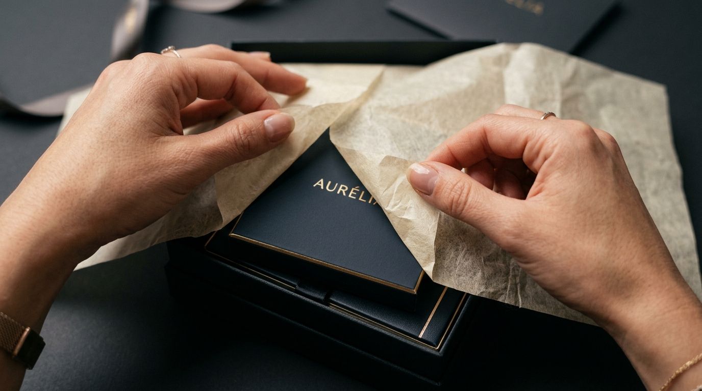 An overhead view of a well-lit ecommerce unboxing video setup featuring branded tissue paper