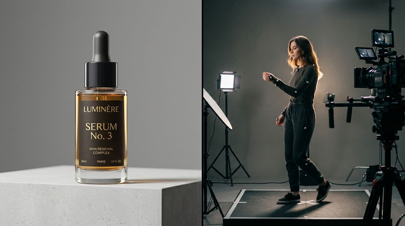 A clean split view showing a static camera setup beside a video production rig for an ecommerce product shoot