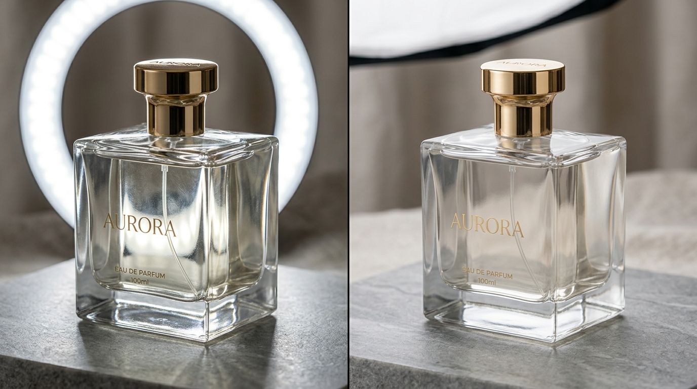 A studio comparison showing a ring light next to a softbox lighting setup for product photography.