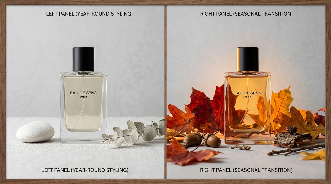 Seasonal product photography workflow showing an original product placed in multiple different seasonal backgrounds using AI generation