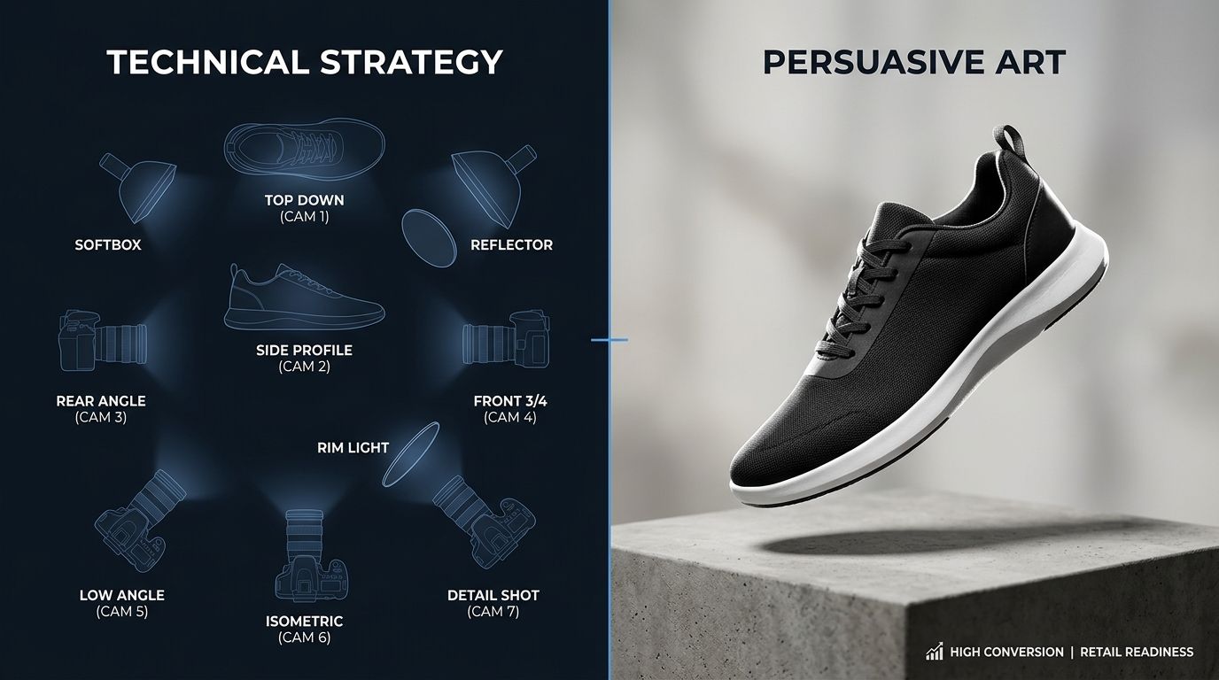 A systematic breakdown of the seven essential angles needed for a high-converting shoes photoshoot