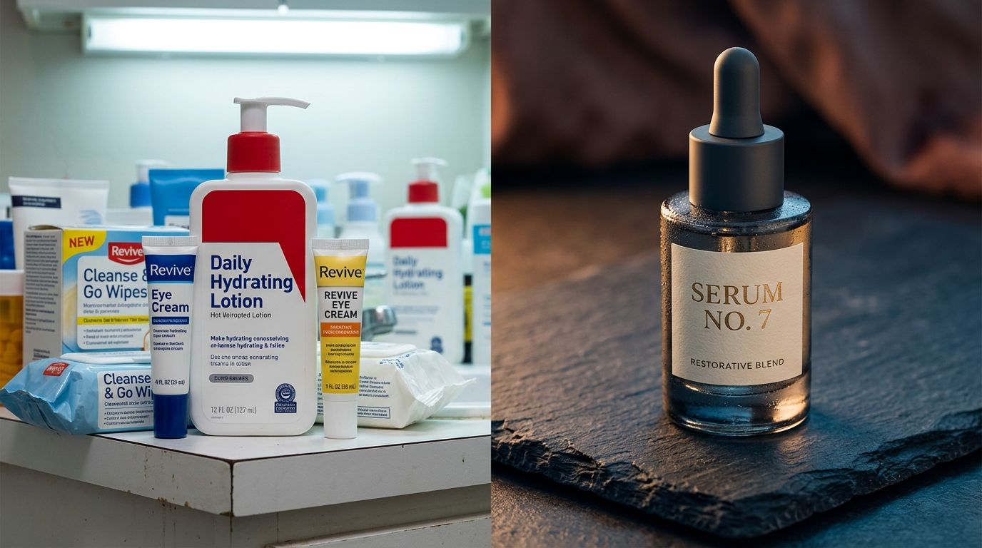 Premium skincare packaging photography showing an amber glass bottle on a dark textured background with dramatic lighting