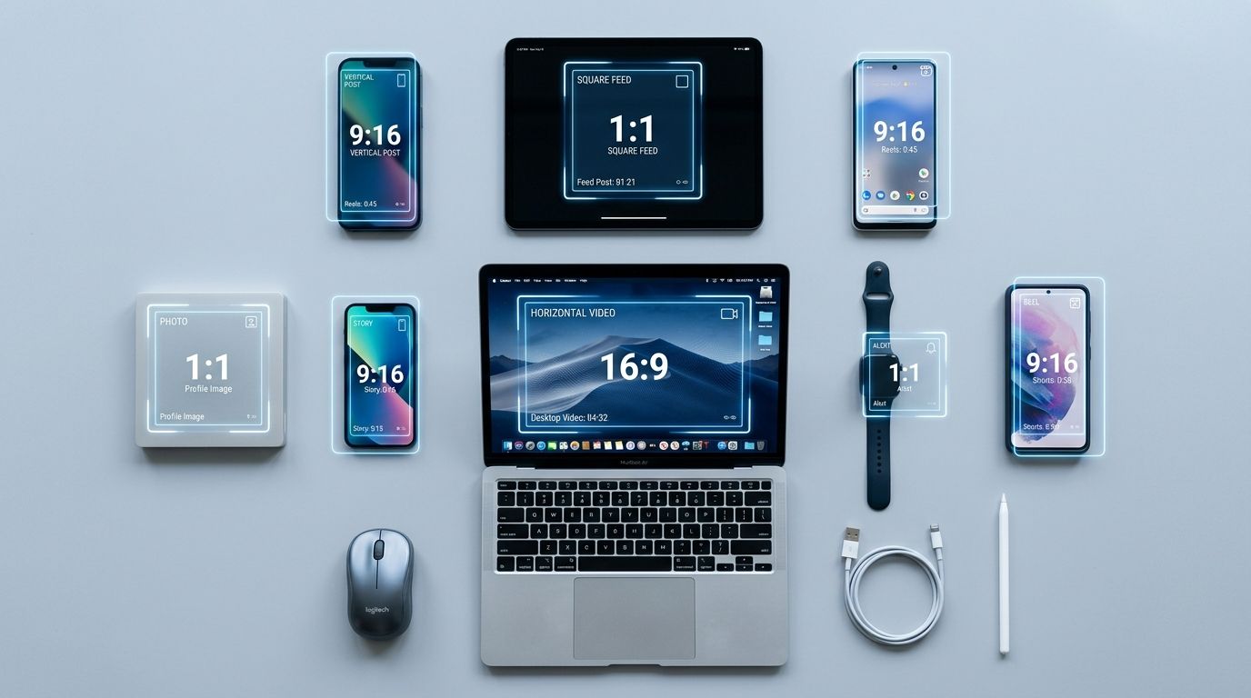 A designer mapping out different social media image sizes on a digital workspace