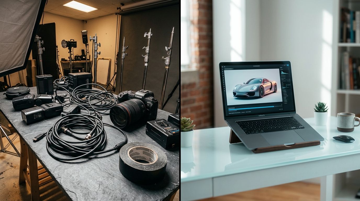 Comparison showing the shift from physical studio logistics to instant AI product photography generation