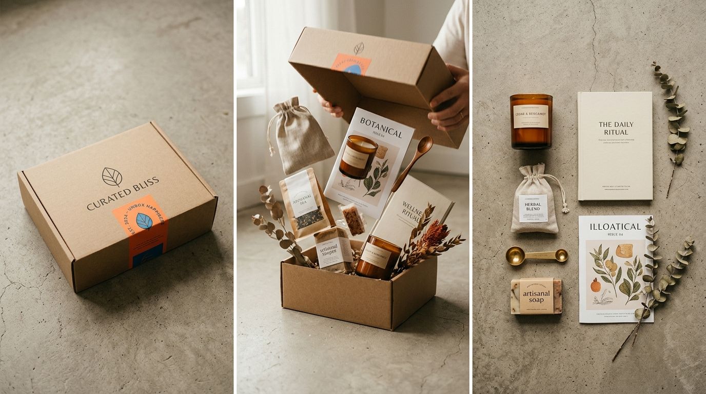 A beautifully styled subscription box sitting open on a clean surface, with products propped up to show immediate value alongside scattered packaging materials.