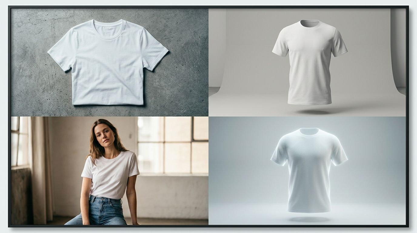 Comparison of T-shirt photography methods showing flat lay, mannequin, and model options