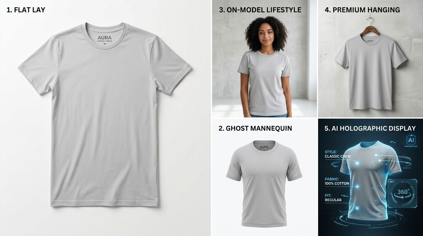 Various t-shirt photography setups including on-model and flat lay