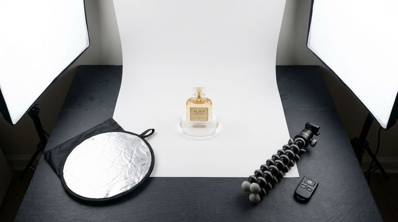 A minimalist tabletop product photography setup with a seamless sweep and continuous lighting.