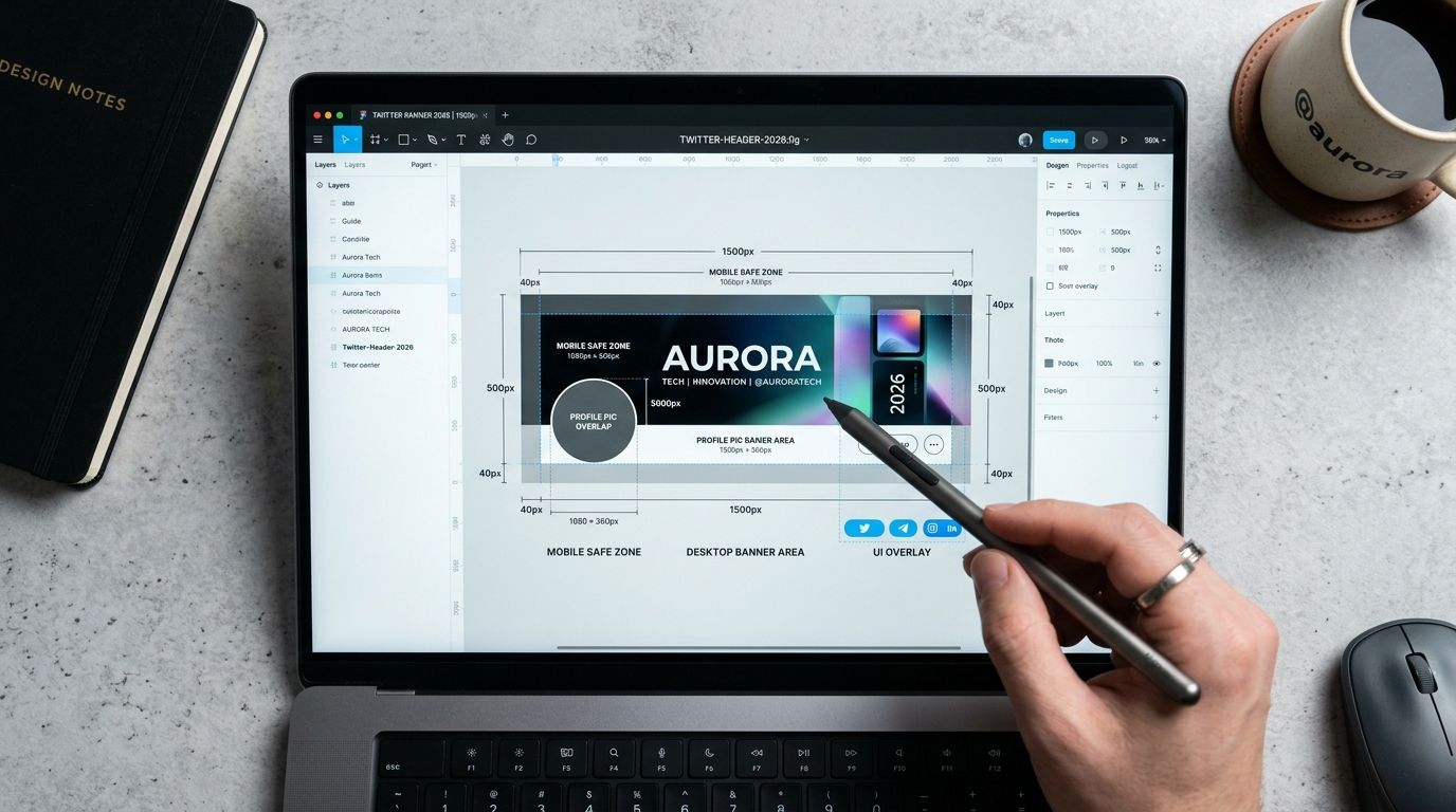 Diagram showing the 1500 by 500 pixel Twitter banner dimensions with the profile picture safe zone highlighted