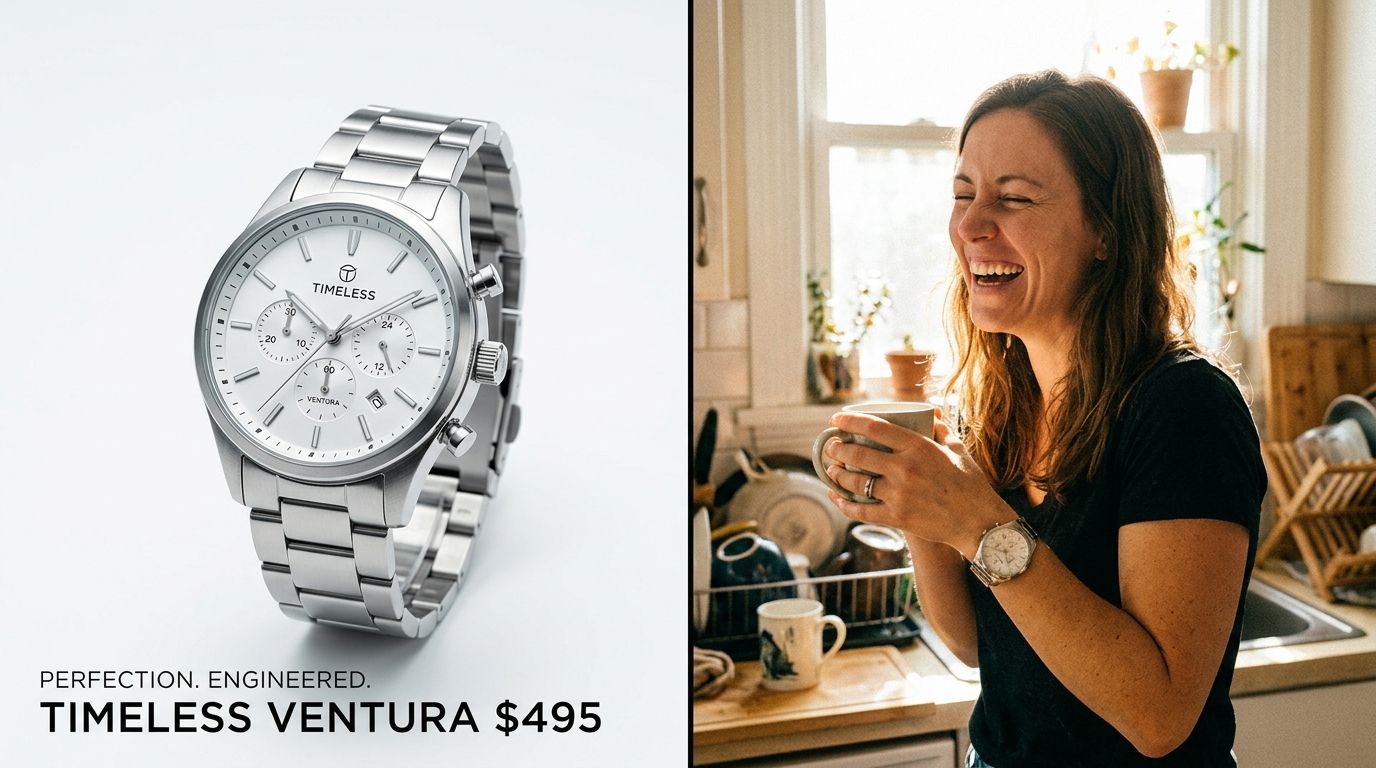 A smartphone showing a messy but authentic user generated product review video, contrasted against a highly polished studio lighting setup.