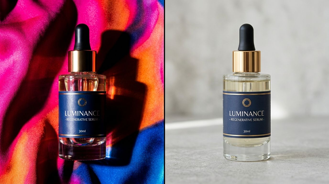 Side by side comparison showing a premium lifestyle ad next to a poorly lit product page