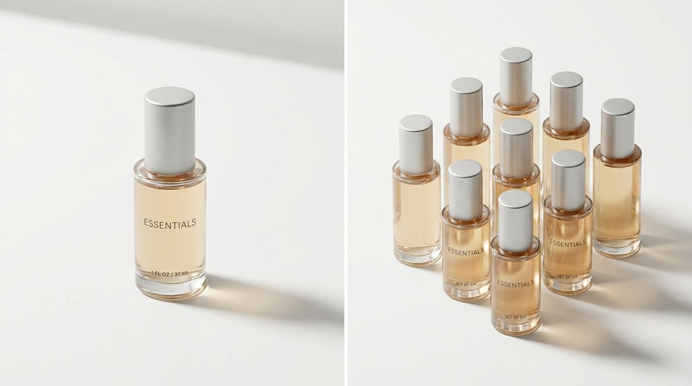 Three identical skincare bottles arranged in a staggered depth formation to communicate a volume discount