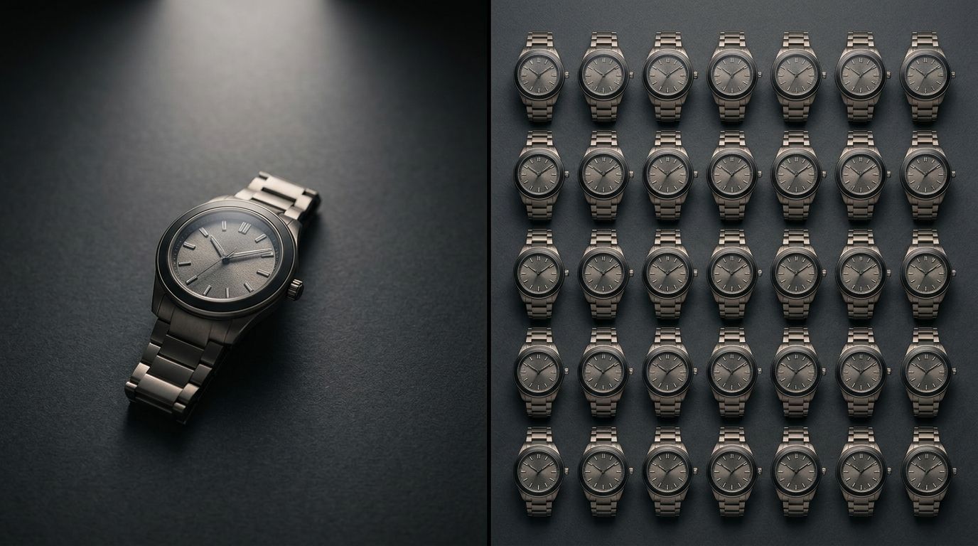 Three identical cosmetic bottles arranged beautifully on a textured stone surface with warm sunlight