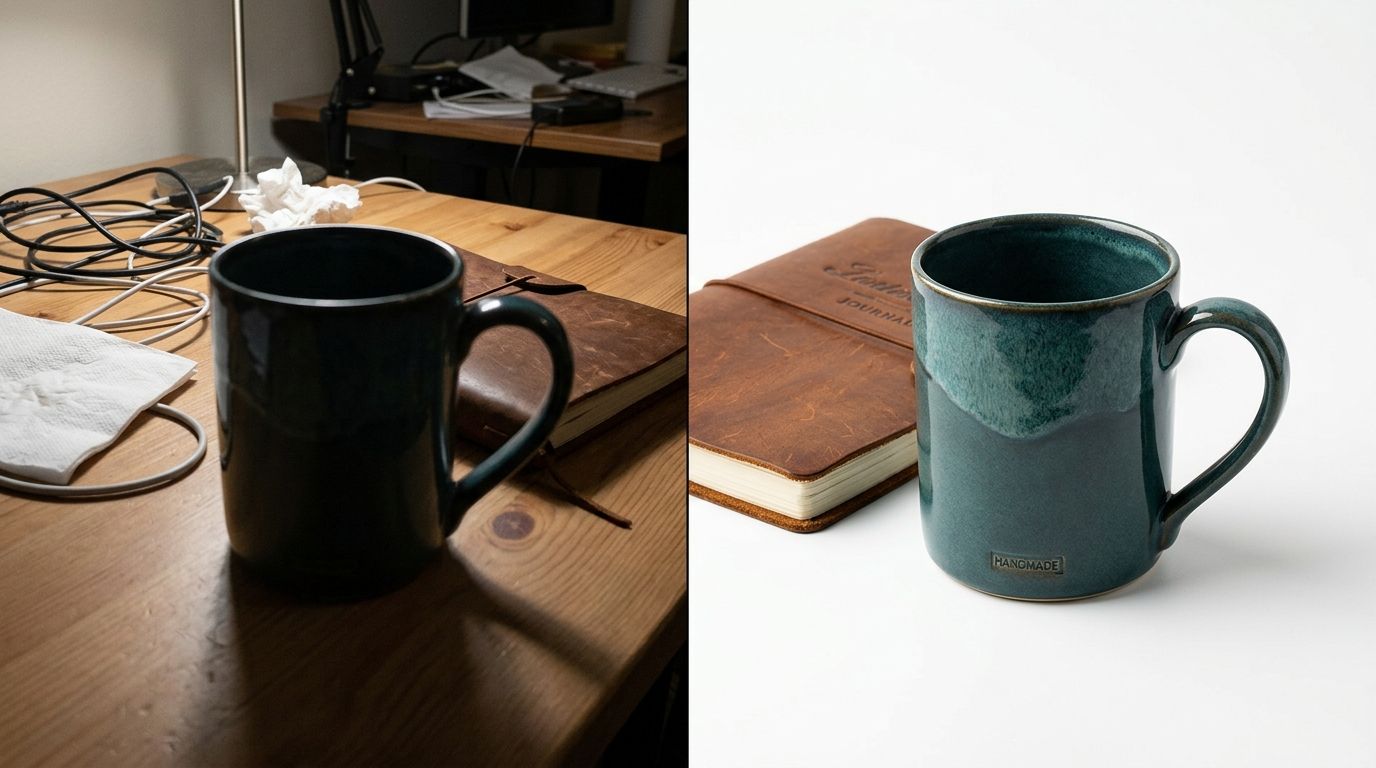 Side by side comparison of a poor product photo and a professionally generated one showing distinct lighting differences