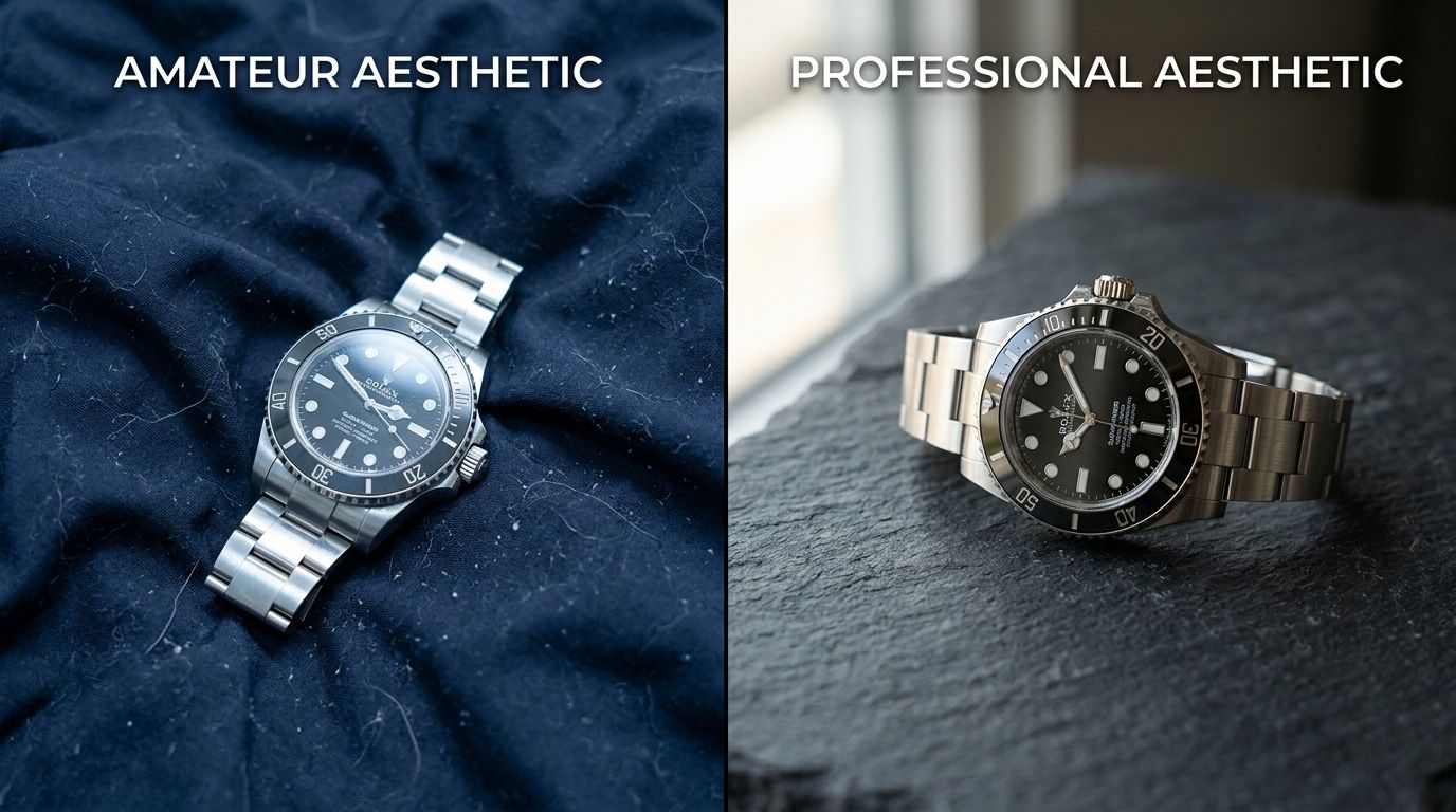 Side by side comparison of an amateur product photo with mixed lighting and a professional AI generated studio product photo