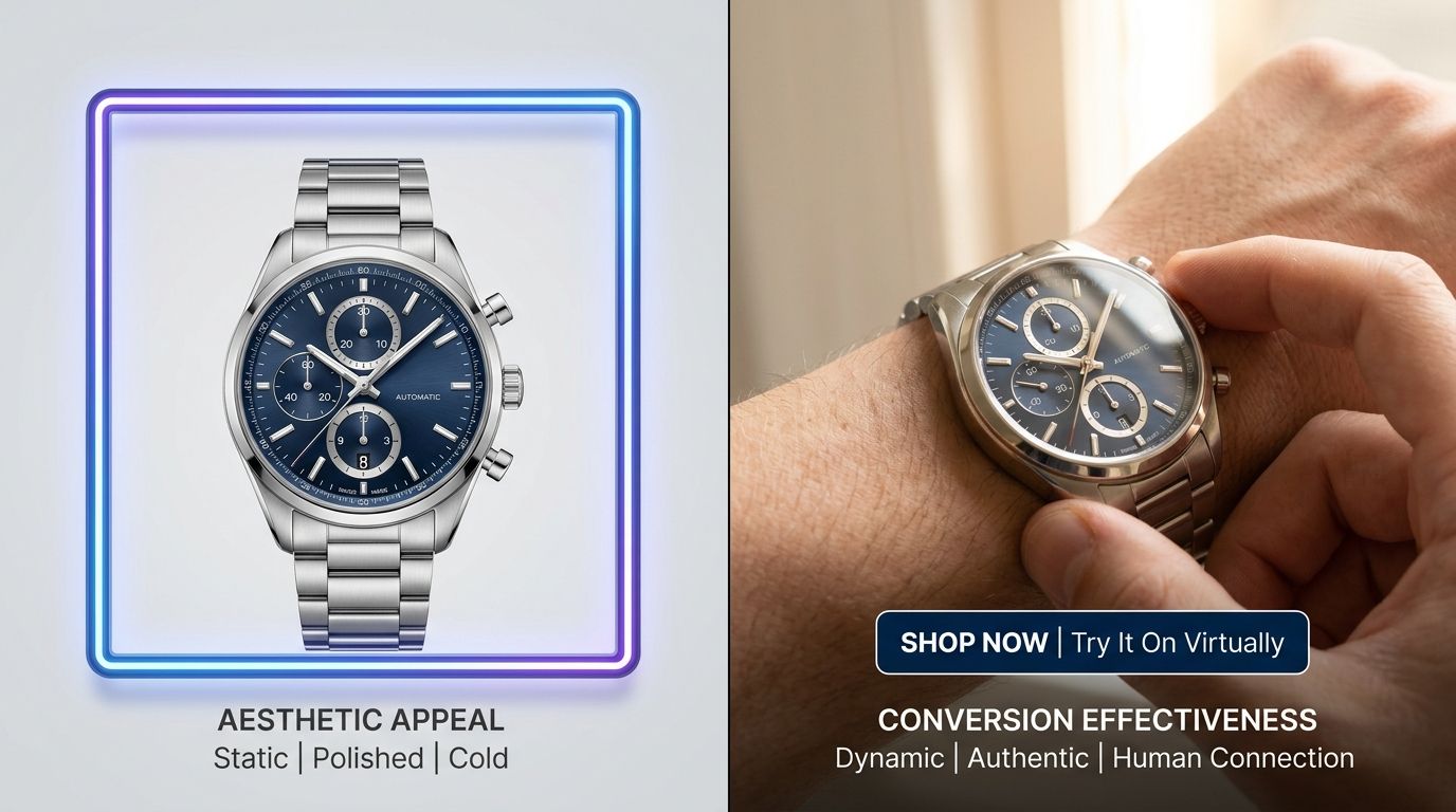 Product photography comparison showing why standard white background images fail to convert against contextual AI generated lifestyle shots