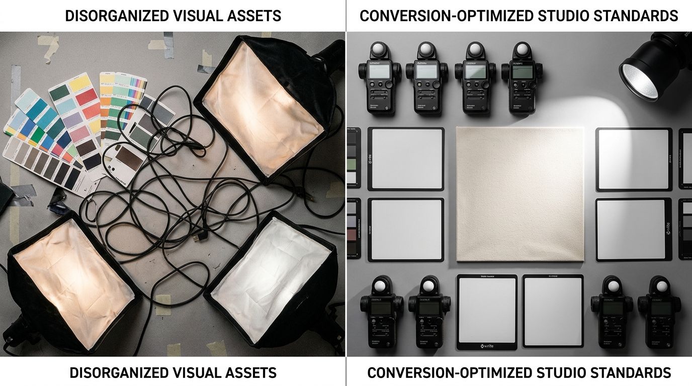 A split view showing a standard dull product photo next to a vibrant, AI-generated lifestyle product image demonstrating visual trust